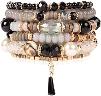 RIAH FASHION Bead Multi Layer Versatile Statement Bracelets - Stackable Beaded Strand Stretch Bangles Sparkly Crystal Mix, Tassel Charm