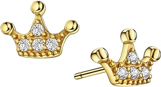 Yellow Gold Plated Sterling Silver Crown Stud Earrings with Cubic Zirconia for Women and Girls - Dainty Princess Design with Post and Butterfly Backs