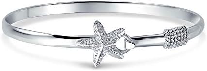 Sterling Silver Nautical Starfish Bangle Bracelet with Eye Hook Clasp, Perfect Gift for Beach Lovers and Women, 7 Inches