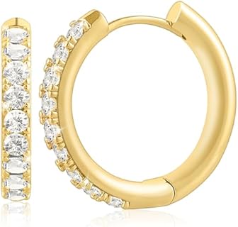 Pave Cubic Zirconia Hoop Earrings with Push Back Finding in 14K Yellow Gold for Women - Huggie Design