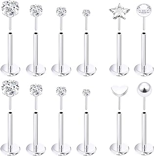 Prjndjw 18G 20G Push in Threadless Nose Rings Stud Earrings Hypoallergenic Flat Back Surgical Stainless Steel Cubic Zircon Helix/cartilage/Tragus/Lobe Earrings Lip Labret Snake Bite Jewelry