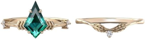 14K Gold Sterling Silver Kite-Cut Emerald Engagement Ring Set for Women, Antique Art Deco Design - Ideal Gift for Wife or Fiancée, 1.5 CT Genuine Emerald and 0.24 CT Round Brilliant Cut Stones