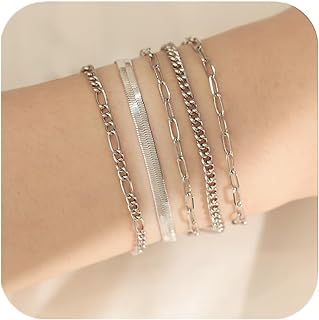 Nacy Silver Bracelet Set for Women, Gold Plated Stainless Steel Stackable Bracelets with Cuban, Paperclip Chain Design, Waterproof and Adjustable, Elegant Gift Option