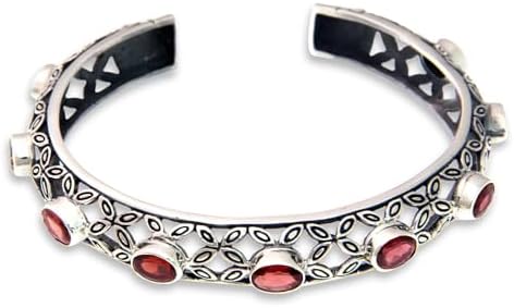 NOVICA Handmade .925 Sterling Silver Garnet Cuff Bracelet Red Indonesia Marsala Birthstone 'Java Kawung'
