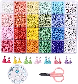 Jewelry Making Kit 4 mm Glass Seed Beads for DIY Bracelet Making Kit for Kids Girls Adults Crafts Alphabet Letter Beads for Friendship Bracelet Elastic String Charms Tassel