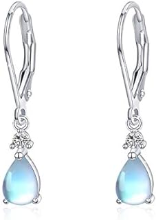 Lever-Back Moonstone Dangle Earrings with Synthetic Gem for Women, Sterling Silver Teardrop Design, Bridal Earrings for Girls