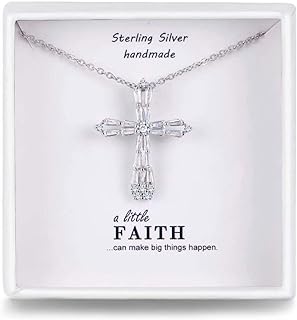 Presentski Women's Cross Pendant Necklace with Cubic Zirconia - 925 Sterling Silver, Rolo Chain, Lobster Clasp - Inspirational Platinum Plated Necklace