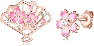 925 Sterling Silver Cherry Blossom Stud Earrings for Women with Push-Back and Cubic Zirconia Gems - Beautiful Pink Flower Anniversary and Birthday Jewelry Gift