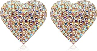 Heart Love AB Crystal Pave Clip On Gold Earrings for Women - PeriFairy Rhinestone Colorful Earrings Non Pierced Jewelry