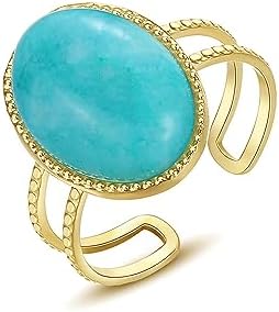 Chic 18K Gold Plated Turquoise Western Wedding Ring with Oval Cut Natural Bohemian Design for Women, Adjustable Size 5-10