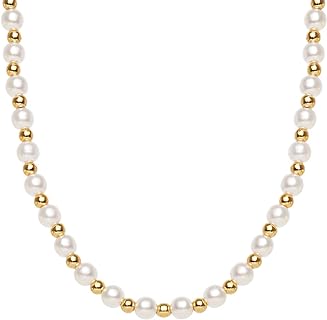 Lobster Claw Clasp 14K Gold Plated Necklace with Pearls and Gold Beads, Cable Chain, Ideal for Women, Round Choker Design for Wedding and Special Occasions