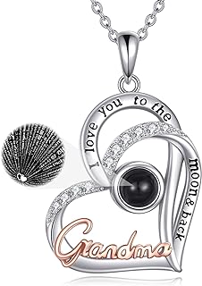 POPKIMI Love You to the Moon and Back Grandma Pendant Necklace with Rolo Chain and Cubic Zirconia, 925 Sterling Silver