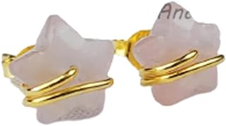 Natural Rose Quartz Star Design Earrings, 925 Sterling Silver Push-Back Studs, Gold Plated Wire Wrap Earrings, Gift for Her, 10mm Dainty Star Studs by CHARMSANDSPELLS