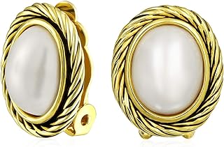 White Simulated Mabe Pearls Button Bezel Twist Rope Cable Clip-On Earrings For Women Oxidized 14K Gold Plated Brass