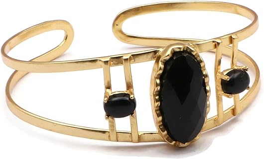 Handcrafted Gold-Plated-Brass Bangle Featuring Black Onyx: Adjustable Chain & Clasp Design with Blue Chalcedony & Moonstone Accents