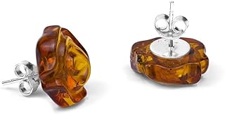Light Amber Sterling Silver Rose Carved Stud Earrings with Push Back Finding, Ideal for All Genders