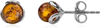 Sterling Silver Push Back Amber Stud Earrings by Ian and Valeri Co. – Unisex Small Ball Design, Authentic Polish Amber