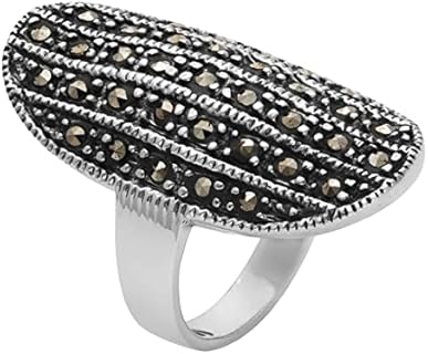 Silver Women's 925 Sterling Silver Oxidized Simulated Marcasite Oval Curved Lined Shield Ring
