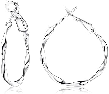 Women's 925 Sterling Silver Twisted Lightweight Hoop Earrings - White Gold Plated, Easy Hinged Lock - Sizes 20MM, 30MM, 40MM Available