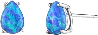Peora 14K White Gold Created Blue Fire Opal Earrings for Women, Classic Solitaire Studs, 7x5mm Pear Shape, 1 Carat total, Friction Back