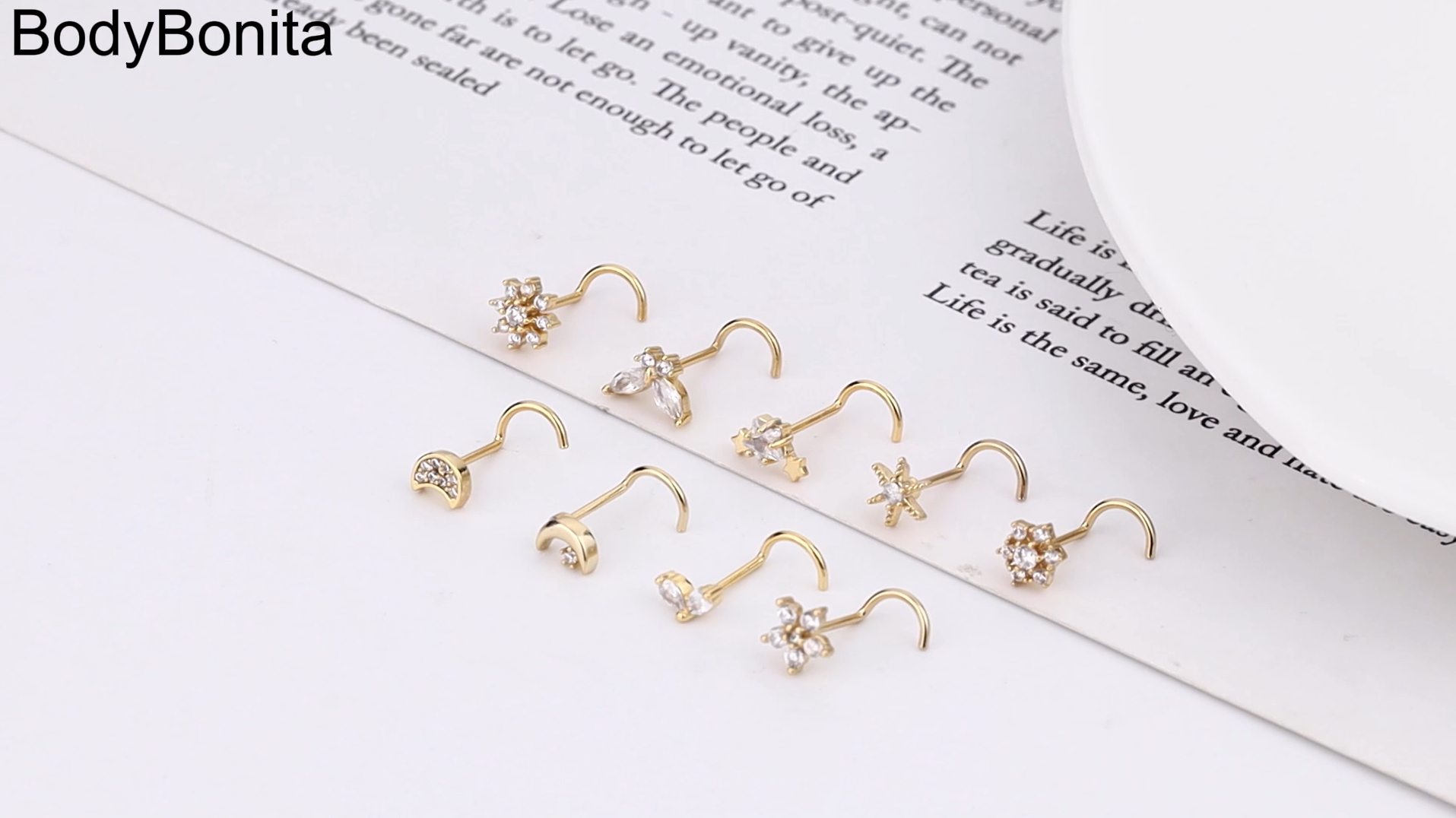 BodyBonita 9Pcs 20G Nose Rings Studs with Big Bling CZ Snowflake Star Top Surgical Steel L-Shaped Nose Studs Triple Linear Gem Ball Round Diamond CZ Nose Piercing Jewelry 7mm