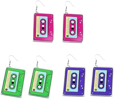 Men's 80s Style Neon Cassette Tape Dangle Earrings with French Wire Back Finding for Festival and 90s Outfit, Acrylic and Zinc Retro Design