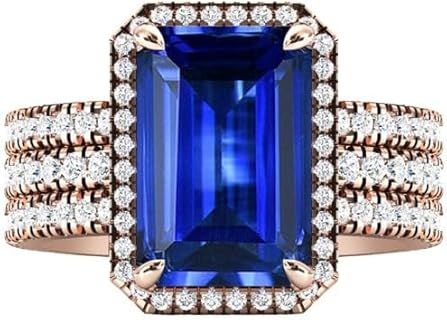 Vintage 8 CT Emerald Cut Blue Sapphire Engagement Ring Set Art Deco Blue Sapphire Wedding Ring Set 14k Gold Sapphire 3pcs Bridal Ring Set Promise Ring Set Anniversary Ring Set