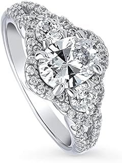BERRICLE Sterling Silver 3-Stone Wedding Engagement Rings Oval Cut Cubic Zirconia CZ Halo Split Shank Ring for Women, Rhodium Plated Size 4-10