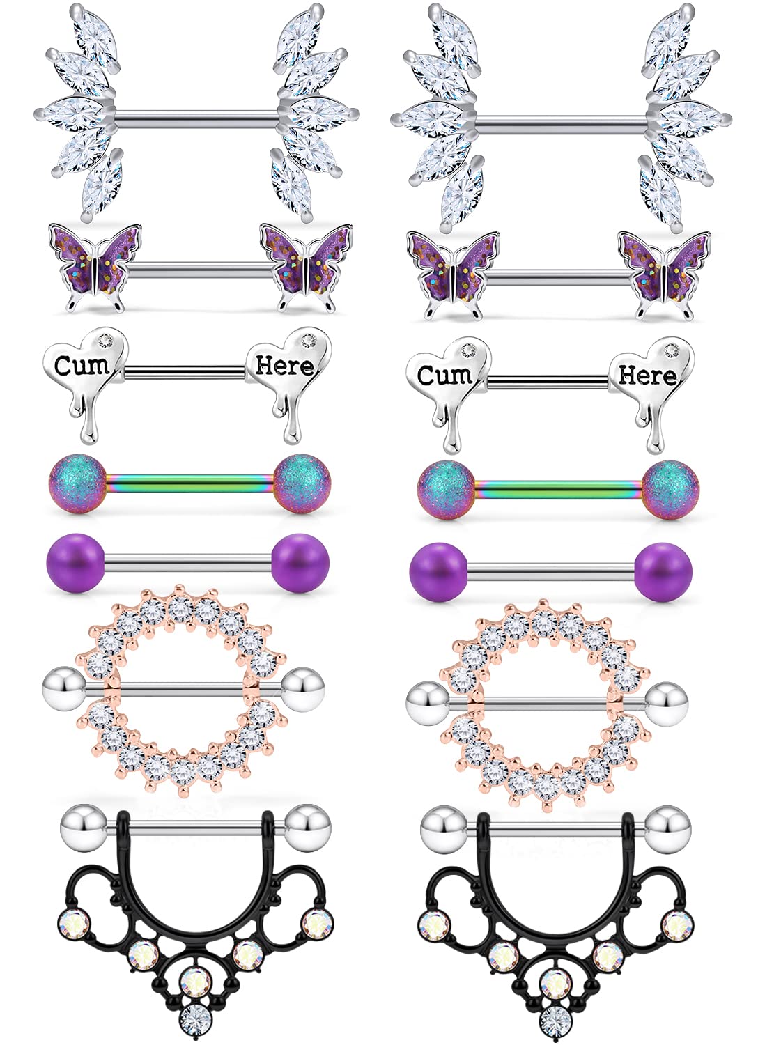 Cisyozi Butterfly Nipple Rings 14G Nipple Piercing Jewelry Stainless Steel Nipple Tongue Ring Barbell Piercing Jewelry for Women 14mm Silver Black Purple Rose Gold 7Pairs