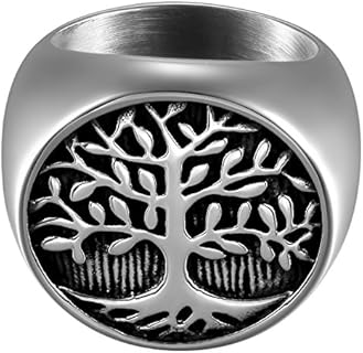 Religious Wedding Ring - Flongo Men's Stainless Steel Tree of Life Signet Biker Band for Men, Round Silver Tone - Ideal for Anniversaries and Christmas Gifts