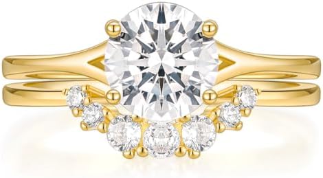 TIGRADE 2CT Cubic Zirconia Wedding Band for Women 14K Gold Plated CZ Promise Ring Curved Round Shaped Bridal Ring Sets Size 3-12