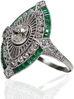 AZQ Vintage 925 Sterling Silver Emerald Ring Cocktail Rings Oval Cut Green Gem Cubic Zirconia Anniversary Promise Ring CZ Eternity Engagement Wedding Band Ring for Women TZ.83