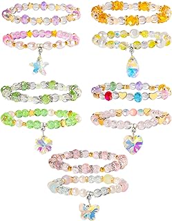 No-Clasp Disney Bead Bracelet with Bead Chain - Vibrant Crystal Bead Charm Bracelets for Girls - Set of 10
