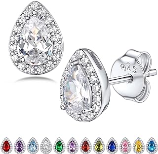 Sterling Silver Double Butterfly Clasp April Diamond-Embedded Teardrop Stud Earrings for Women, Versatile Heart/Round/Square Designs
