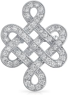 Eternal Celtic Love Knot Work Cubic Zirconia Pave CZ Wedding Brooch Pin For Women Rhodium Plated Brass 1.2 Inch