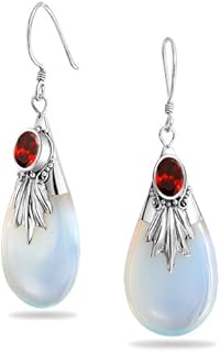 Boho Vintage Western Style CZ Gemstone Fan Set Accent Red Purple Black Turquoise Rainbow Opalite Teardrop Dangle Earrings For Women Fish Hook .925 Sterling Silver