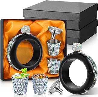 2 Set Rhinestone Bracelet 3.5 oz 304 Stainless Steel Bling Bangle Set with 2 Rhinestone Shot Glass and Funnel for Women Girls Men Christmas Party Gift(Black)