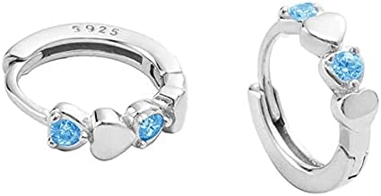 Double Love Heart Cubic Zirconia Sleeper Small Hoop Earrings for Women Teen Girls S925 Sterling Silver Cartilage Tiny Cute Huggie Hoops Hypoallergenic for Sensitive Ear Baby-Blue CZ