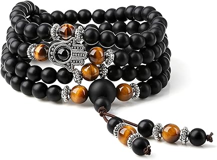 COAI 108 Mala Black Stone Hamsa Hand Bracelet Necklace