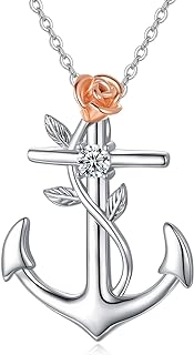 KINGWHYTE Anchor Necklace 925 Sterling Silver Anchor Pendant Sailor Nautical Necklace with Rose Flower Anchor Jewelry Gifts for Women Girlfriend Mom