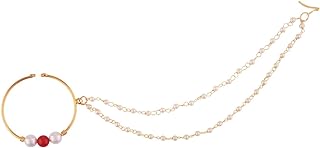 Efulgenz Mothers Day Gift Indian Nose Rings Hoop with Chain Faux Pearl Triple Layer Nath Nathni Nose Pin Stud Fake Septum Ring Indian Bridal Jewelry for Wedding Nose Hoop Ring Non Piercing Body Jewelry for Women