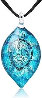 Hand Blown Glass Sea Turtle Ocean Blue Marquise Shape Pendant Necklace, 18 inches