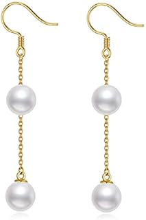14K Real Gold Drop Pearl Earrings for Women, Yellow Gold Freshwater Cultured Pearls Threader Dangle Earrings Anniversary Christmas Jewelry Gifts for Her, Wife, Mom, Sister