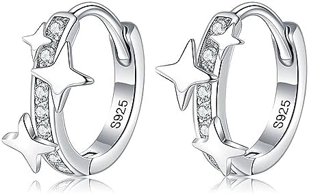 Sterling Silver CZ Star Hoop Earrings with Hinged Hoop Back Finding for Women and Teen Girls - Hypoallergenic Star Huggie Design