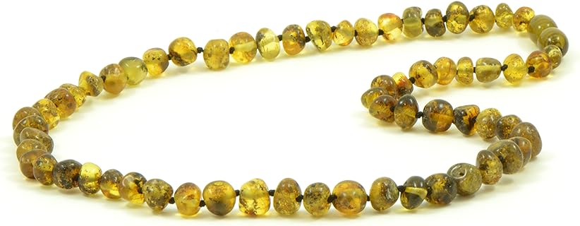 Authentic Baltic Amber Bead Adult Necklace with Lobster Clasp & Ball Chain, Light Green- 17.7 inches (45 cm), Made in Lithuania