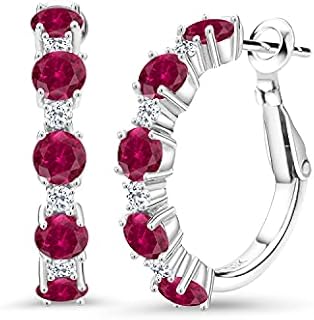 Gem Stone King 925 Sterling Silver Red Created Ruby and White Topaz Hoop Earrings For Women (2.82 Cttw, Round 4MM and 1.9MM, Gemstone Birthstone 1 Inch Diameter)