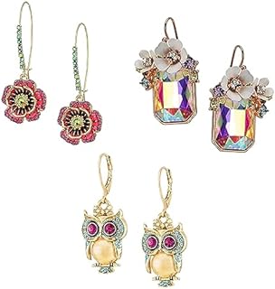 3 Pairs Gold Flower Drop Dangle Earrings Set for Women,Small Flower Heart Earrings Flower Cluster Stone Owl Earrings Jewelry Gift for Women Mom Gifts