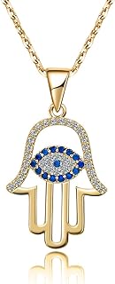 Spring Ring Clasp Evil Eye Pendant Necklace - 14k Gold Plated, Cable Link Chain, White Blue CZ - Designed for Women, Hamsa Hand/Third Eye Design