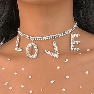 Crystal Rhinestone Choker Necklaces Silver Necklace Chain Sparkly Letter Love Necklace Party Necklace Jewelry for Women