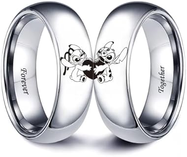 Stitch & Angel Couple Rings for Him and Her Love Heart Forever Together Lovers Ring Stainless Steel Anniversary Promise Wedding Band